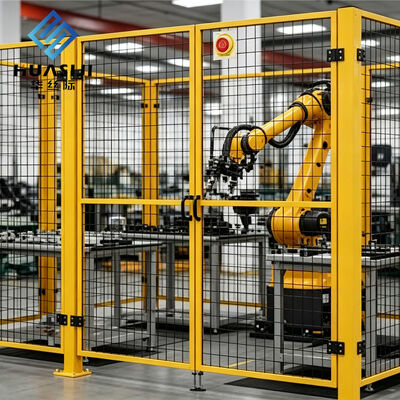 Hsj Modular Robot Safety Fence with Safety Interlock Gate Yellow Wire Mesh Perimeter Guarding for Industrial Robotic Cell Welding Workstation Machine Guarding